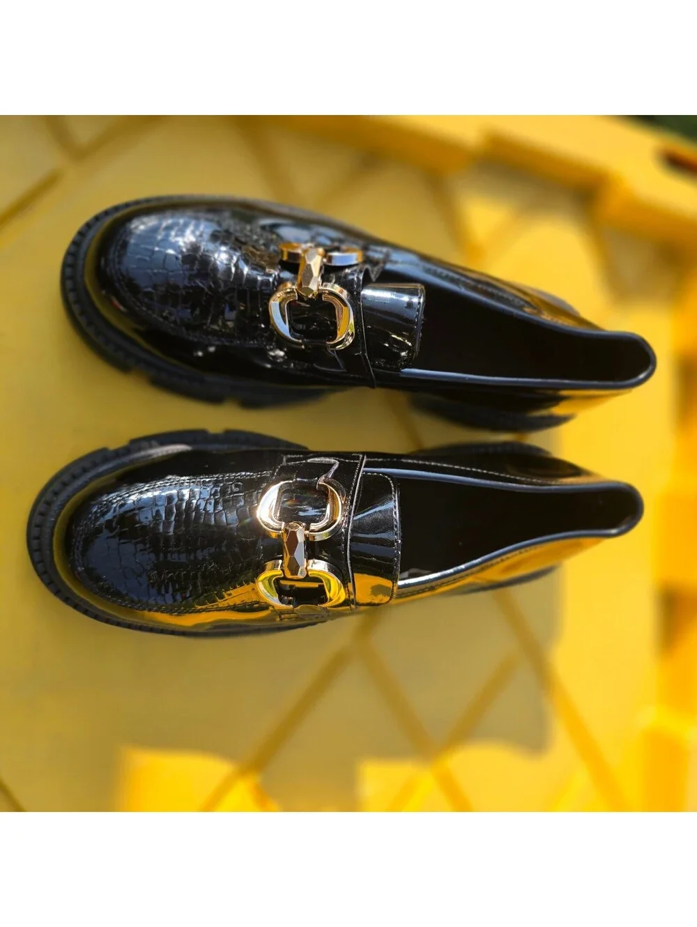 Black Patent Leather Chunky Loafers with Gold Buckle Detail